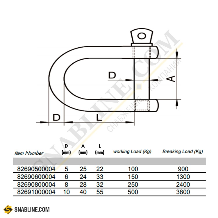 Скоба такелажная D-образная широкая A4, D10 500 кг арт.-82691000004 ...